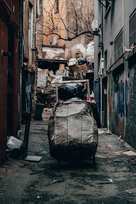 A large pile of mixed household and commercial waste including black plastic bin bags, cardboard boxes, plastic bottles, and other assorted rubbish, is stacked outside an ornate, historic stone building with decorative features and barred windows. The waste appears to be dumped on a paved area with a patterned stone surface, partially illuminated by sunlight, creating shadows on the ground. The scene suggests an instance of unmanaged rubbish accumulation, which could be addressed through private waste collection services such as those offered by Waste Disposal Stockwell, to facilitate proper removal and disposal of refuse in urban settings.